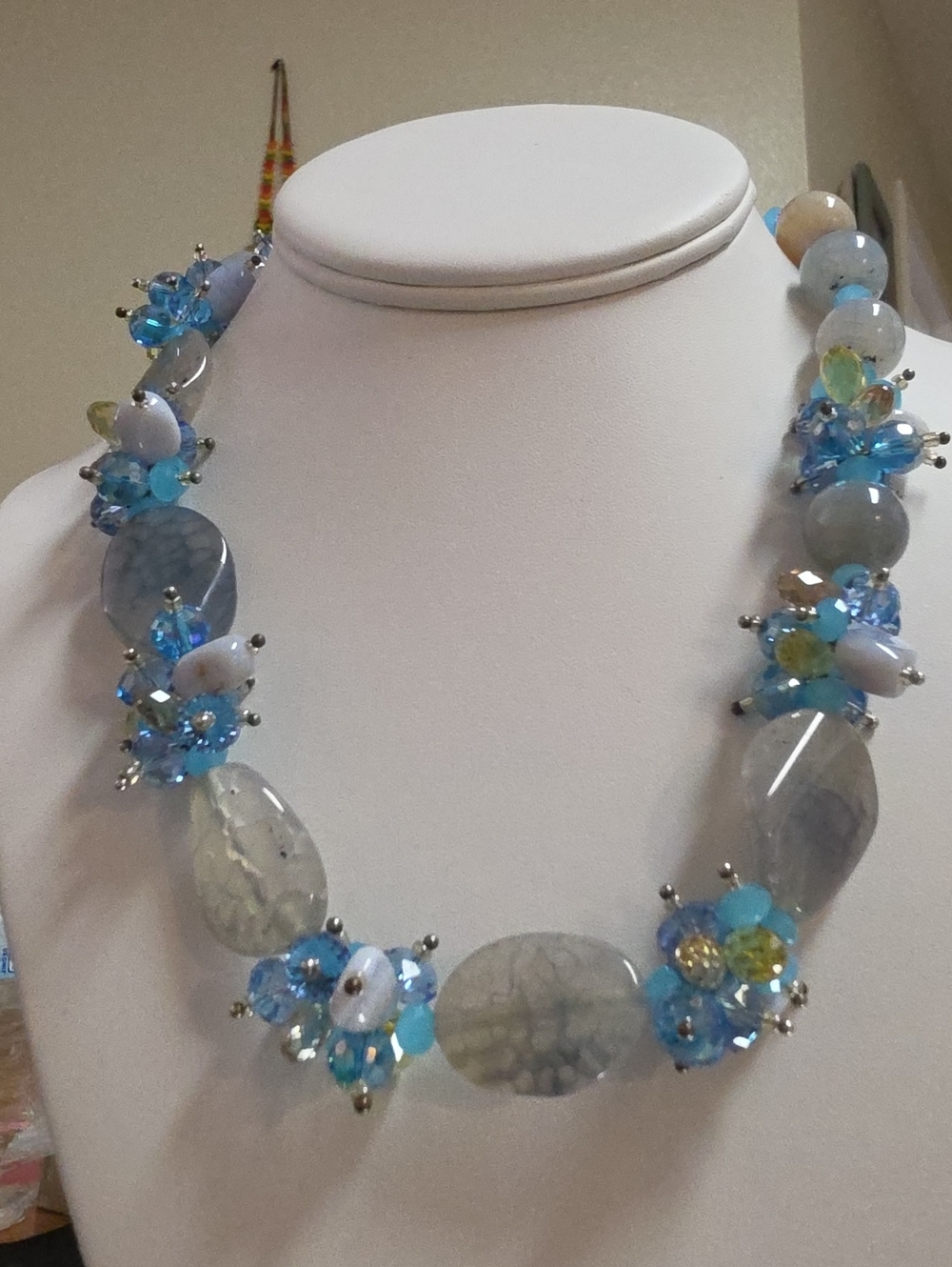 Artisan Dragon Vein Agate and Glass Bicone Cluster Necklace